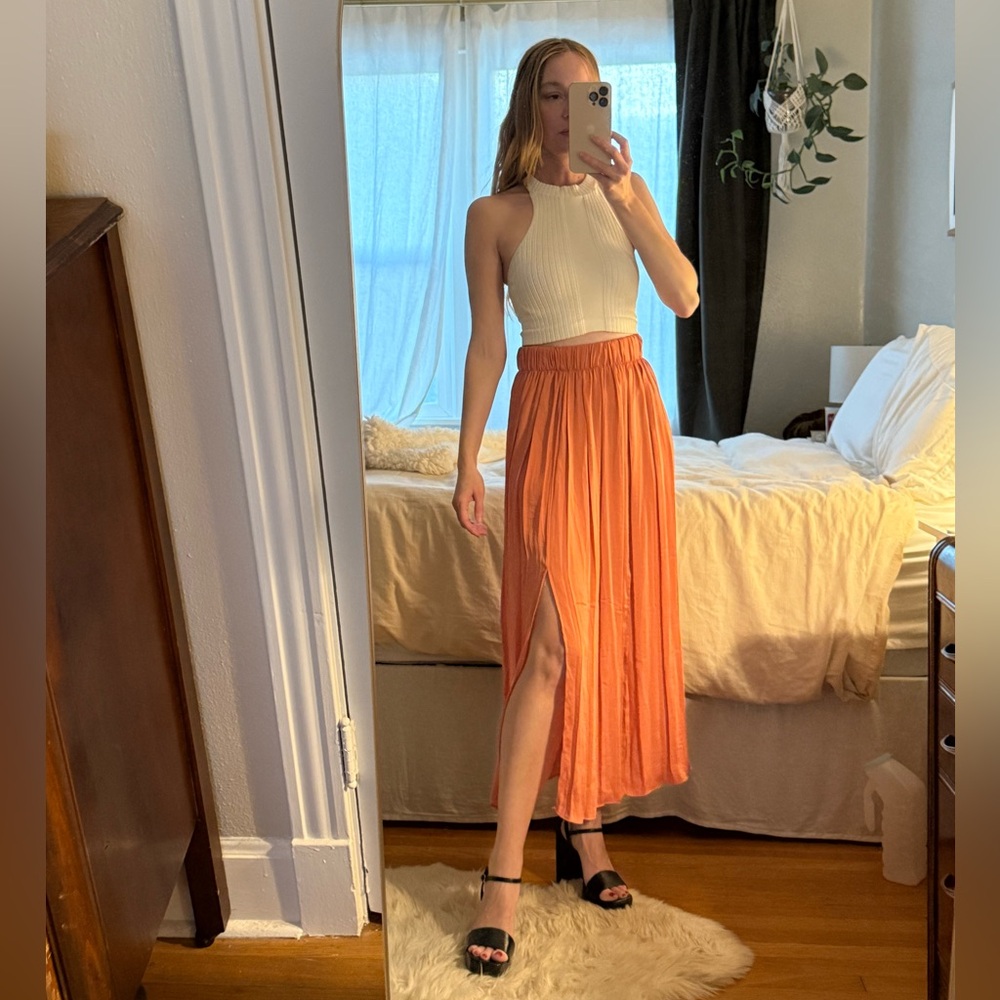 Topshop Coral Pink Maxi Pleated Skirt with Slits XS